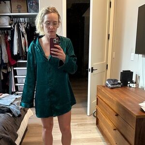 Victorias Secret Teal Satin Button-Up Shirt Dress